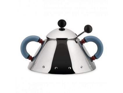 Zuckerdose 9097, mit Löffel, Silber/Blau, Alessi,