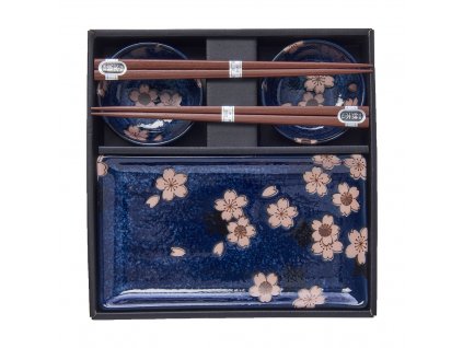 Sushi Set mit Essstäbchen NAVY WITH PINK SAKURA, 4 Stück, MIJ