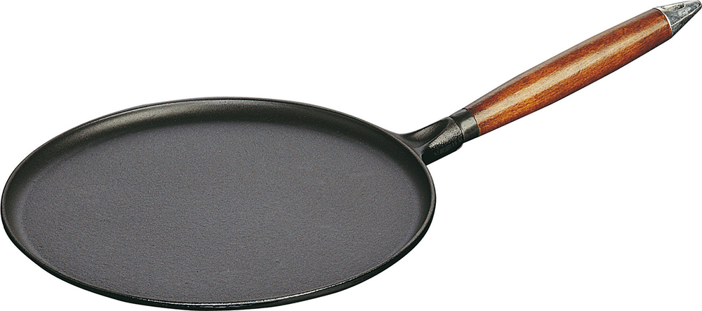 Crepes-Pfanne 28 cm, mit Crêpe-Wender und Spachtel, Holzgriff, Gusseisen, Staub