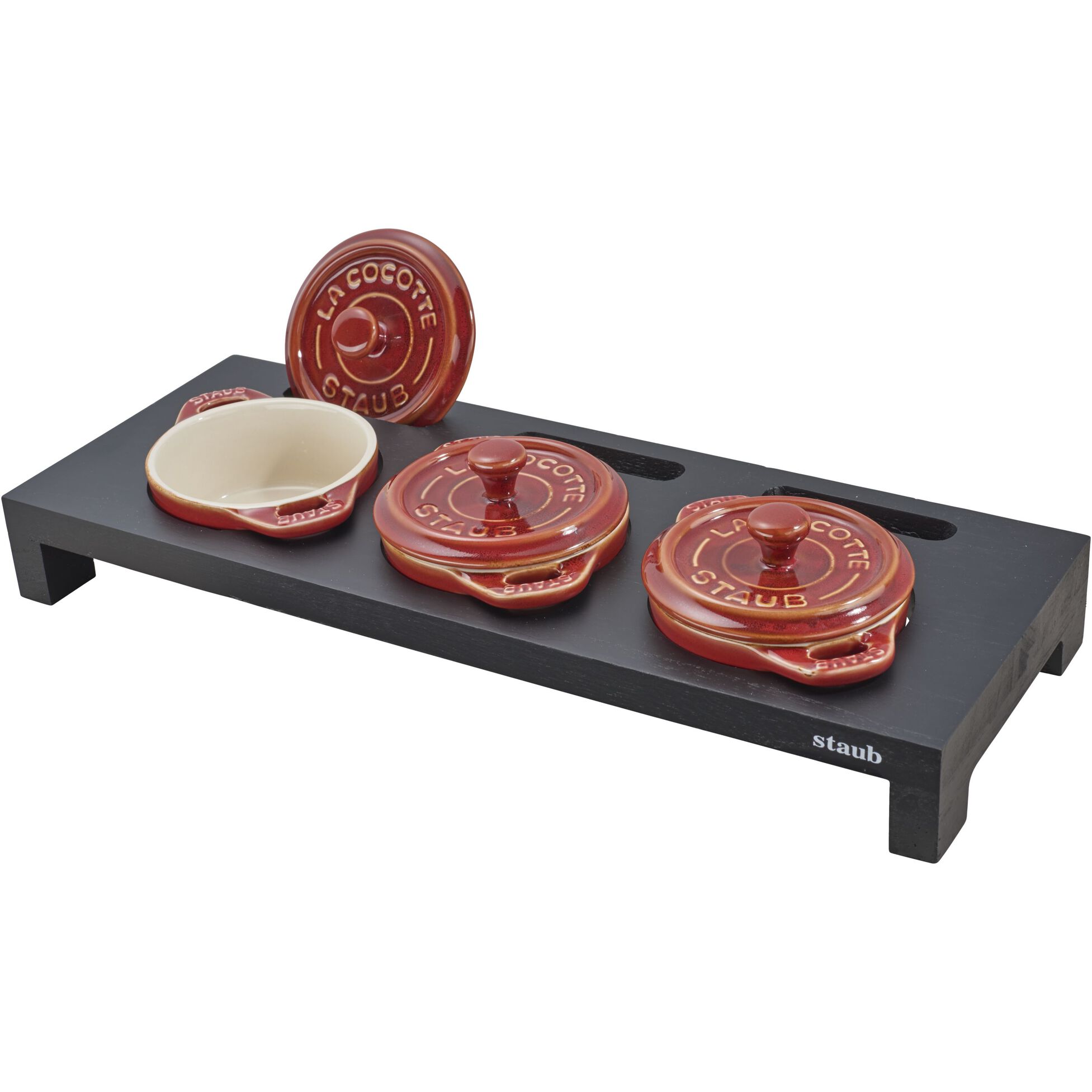 149510 2 servirovaci stojan na 3 litinove hrnce mini cerna staub