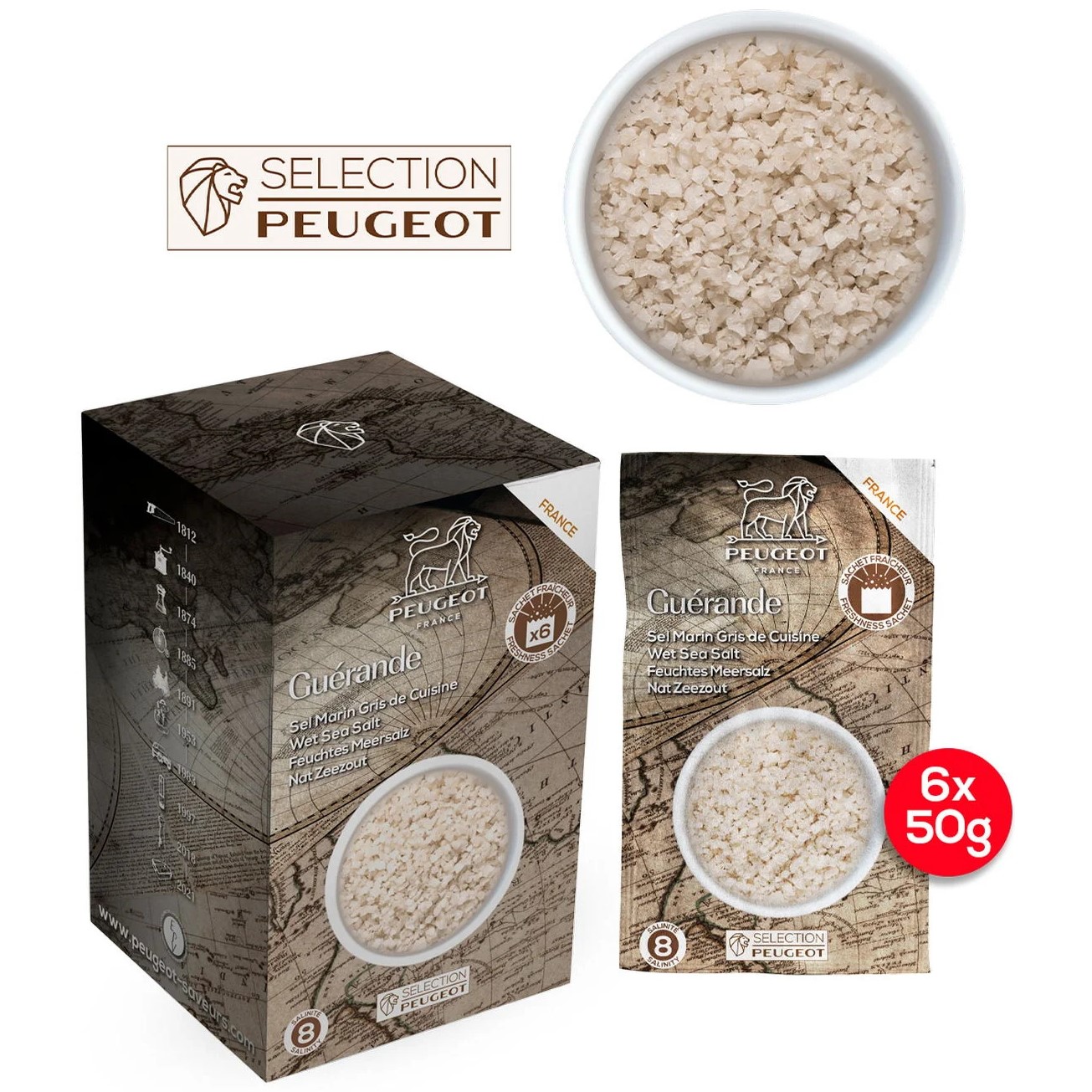 Feuchtes Meersalz GUÉRANDE 6 x 50 g, Frankreich, Peugeot