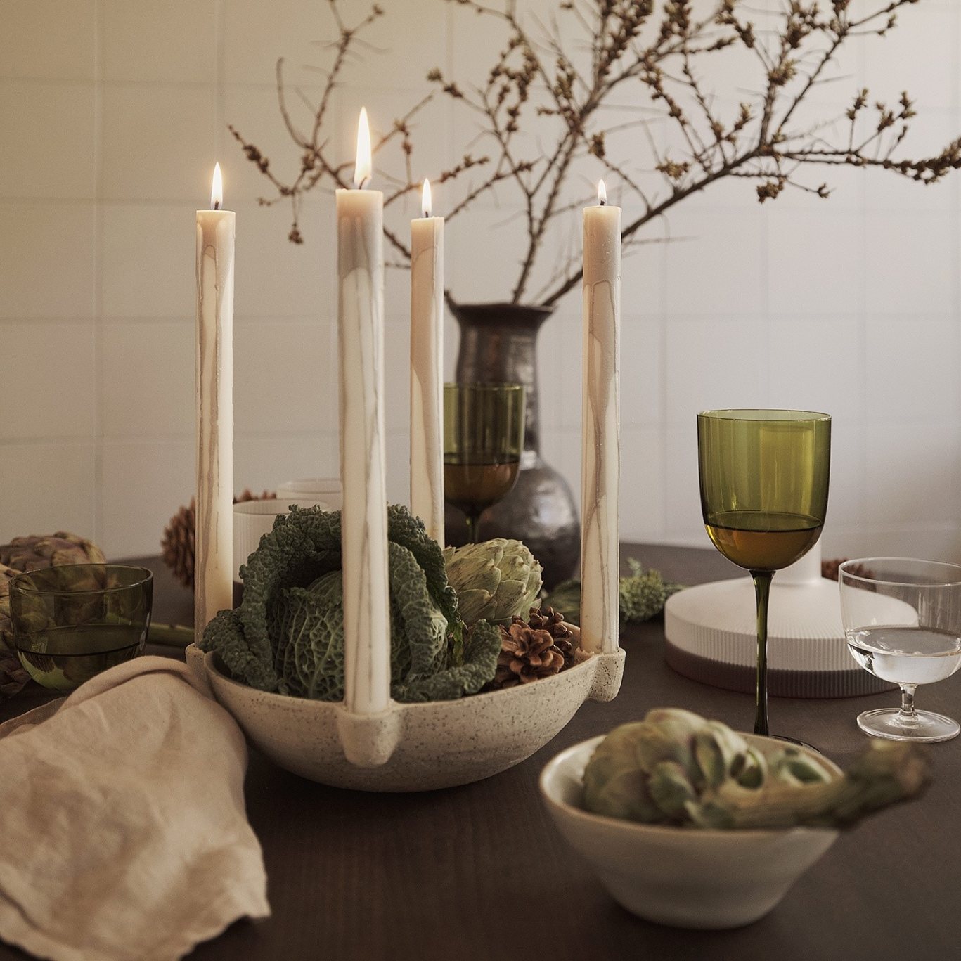 Stabkerzenhalter BOWL 27 cm, Sand, steingut, fest LIVING