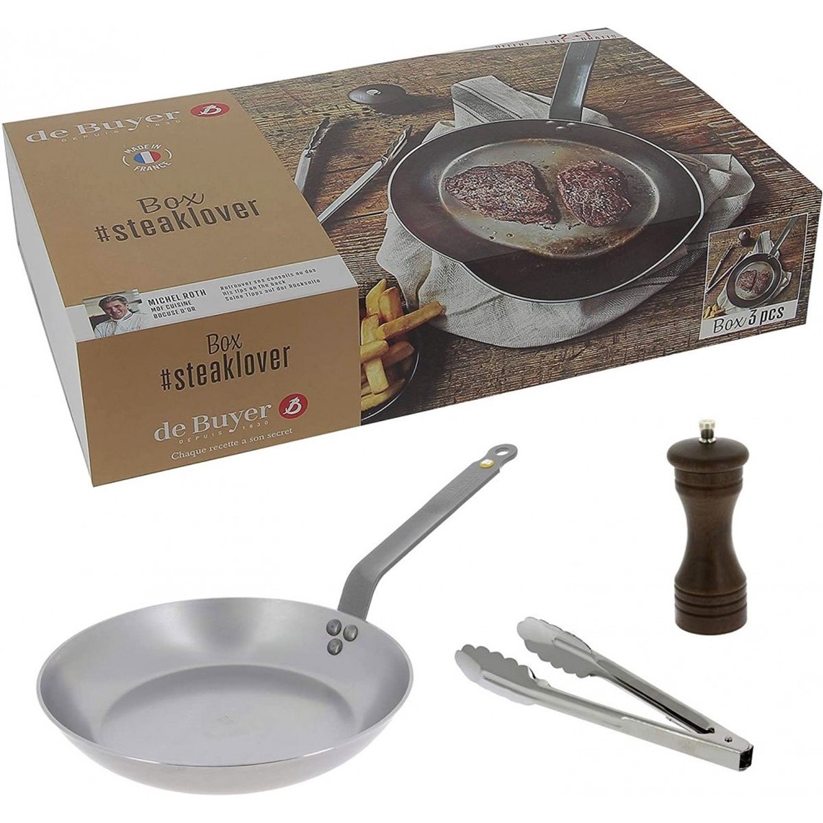 Steakpfanne MINERAL B 26 cm, mit Pfeffermühle und Küchenzange, de Buyer