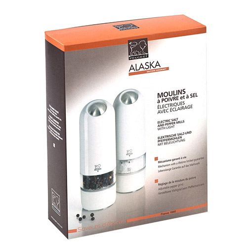 Salz- und Pfeffermühle Set elektrisch ALASKA, Geschenkbox, weiß, Peugeot