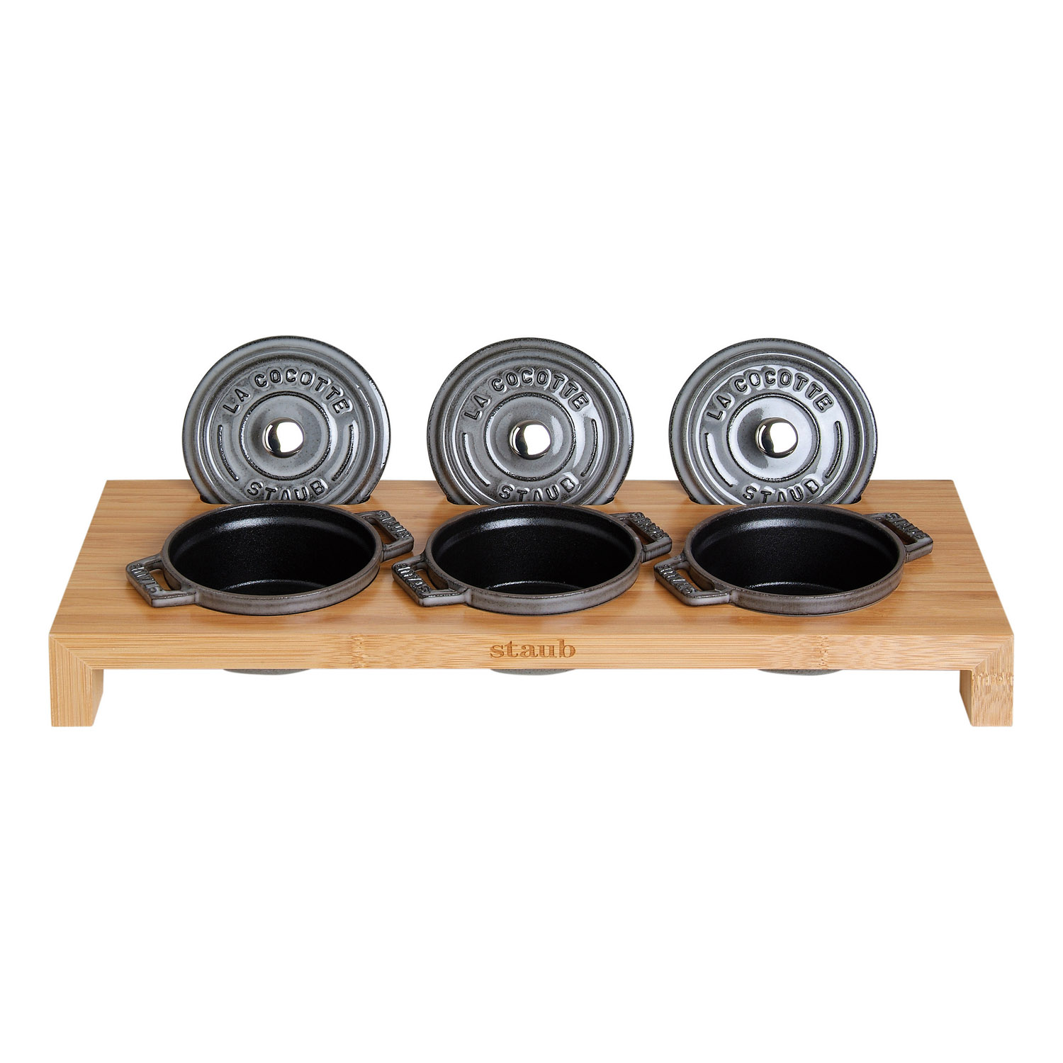 Servierbrett für 3 Mini-Cocottes, Bambus, Staub