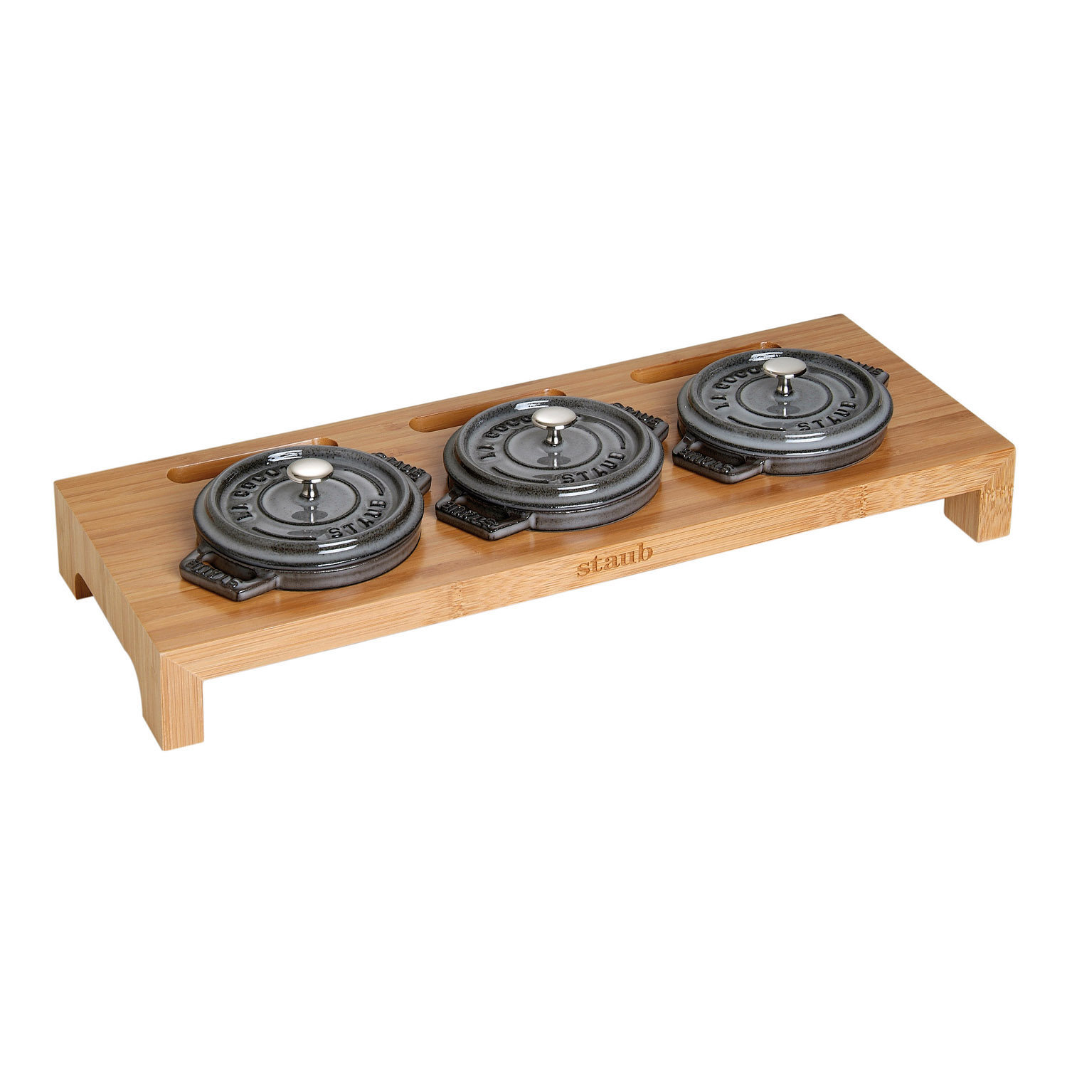 Servierbrett für 3 Mini-Cocottes, Bambus, Staub