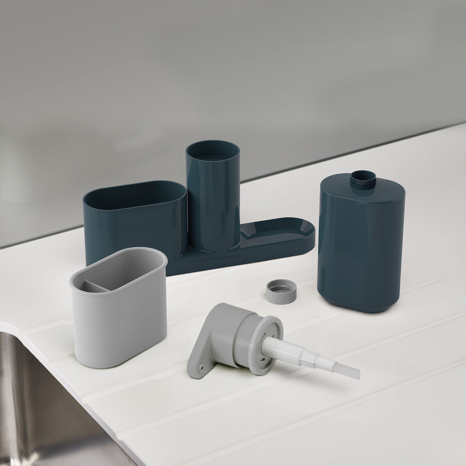 Spülbecken-Reinigungs-Set SINKBASE PLUS mit Spülmittelspender, grau, Joseph Joseph