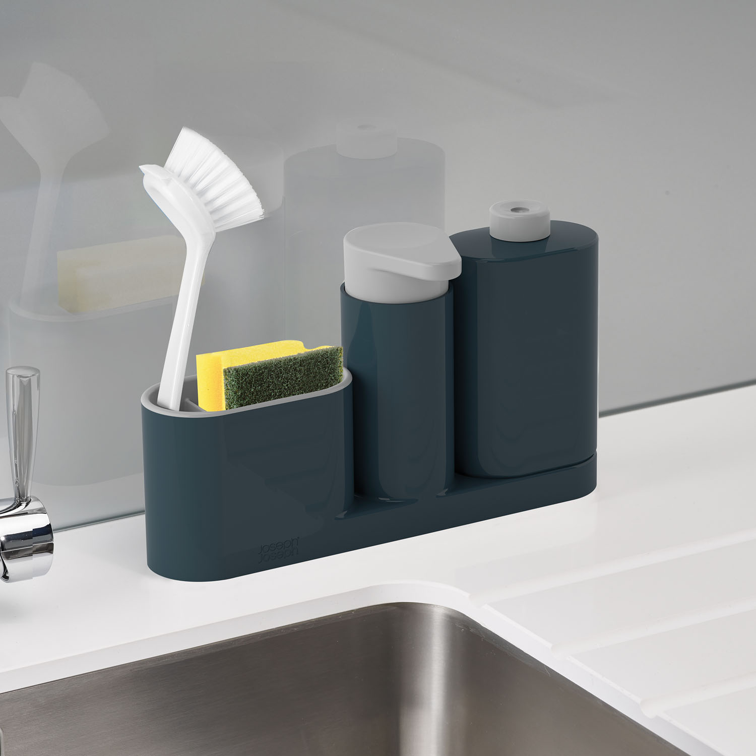 Spülbecken-Reinigungs-Set SINKBASE PLUS mit Spülmittelspender, grau, Joseph Joseph