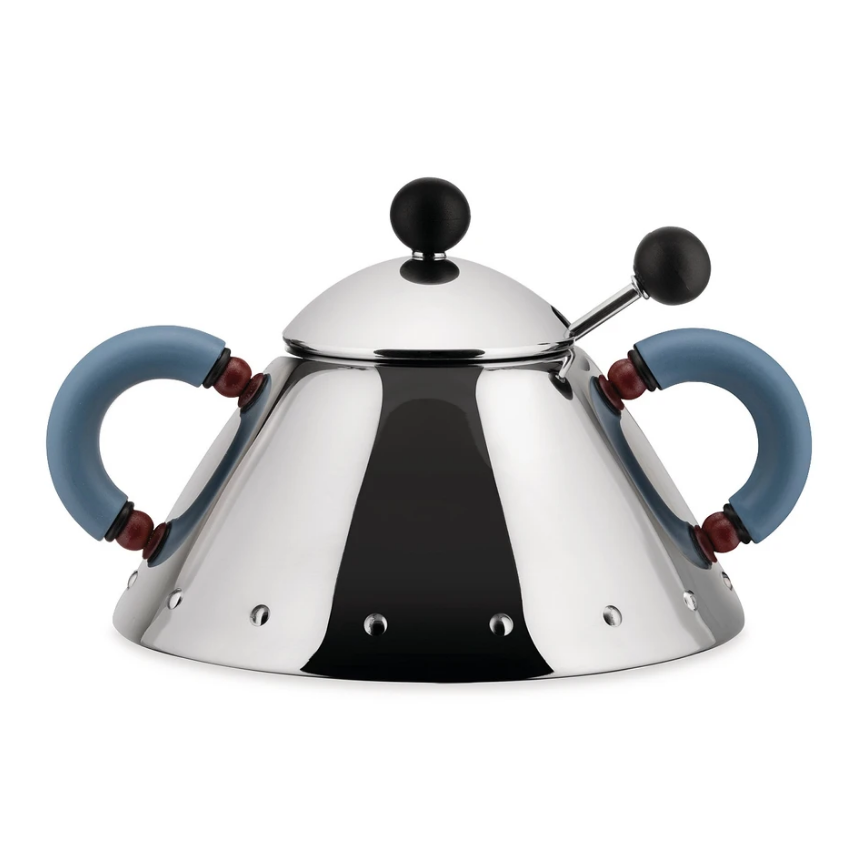 Zuckerdose 9097, mit Löffel, Silber/Blau, Alessi,