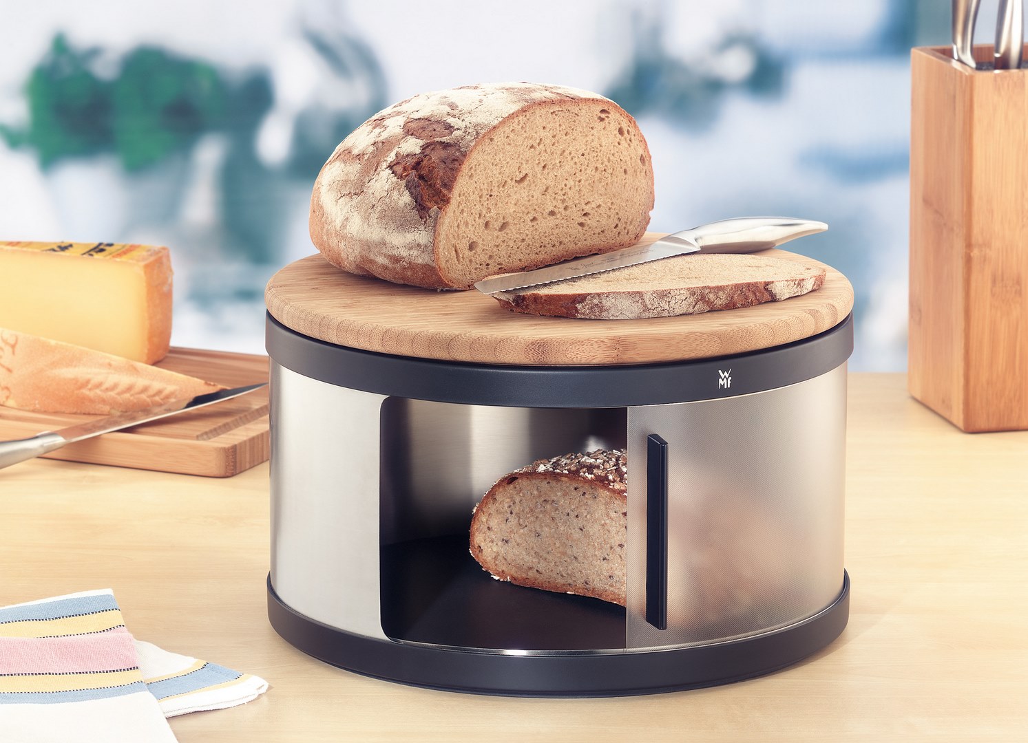 Brotkasten 32 cm, rund, mit Holzdeckel/Schneidebrett, WMF