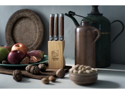 Steakmes (set) PREMIUM, 6 stuks, met houten messenblok, Laguiole