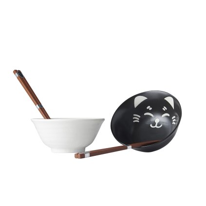Opdienchaal CAT FACE DESIGN 400 ml, set van 2 stuks, met eetstokjes, MIJ