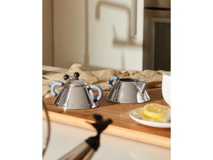 Suikerpot 9097, met lepel, zilver/blauw, Alessi,