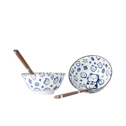 Kom met eetstokjes (set)  MANEKI CAT BLUE  400 ml, 2 kommetjes, MIJ