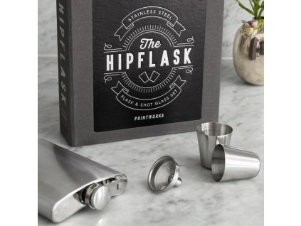 Heupflacon (set) THE ESSENTIALS, met trechter en shotglaasjes, Printworks