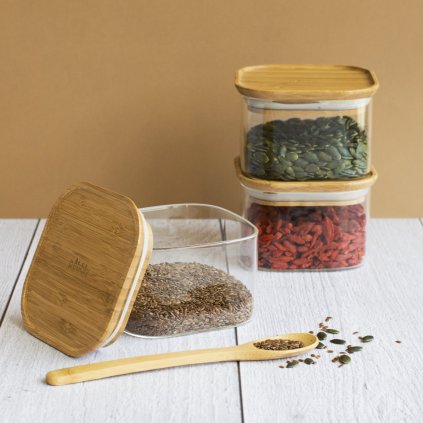 Vershoudbakje PKV-034 500 ml, set van 3 stuks, glas / bamboe, Pebbly