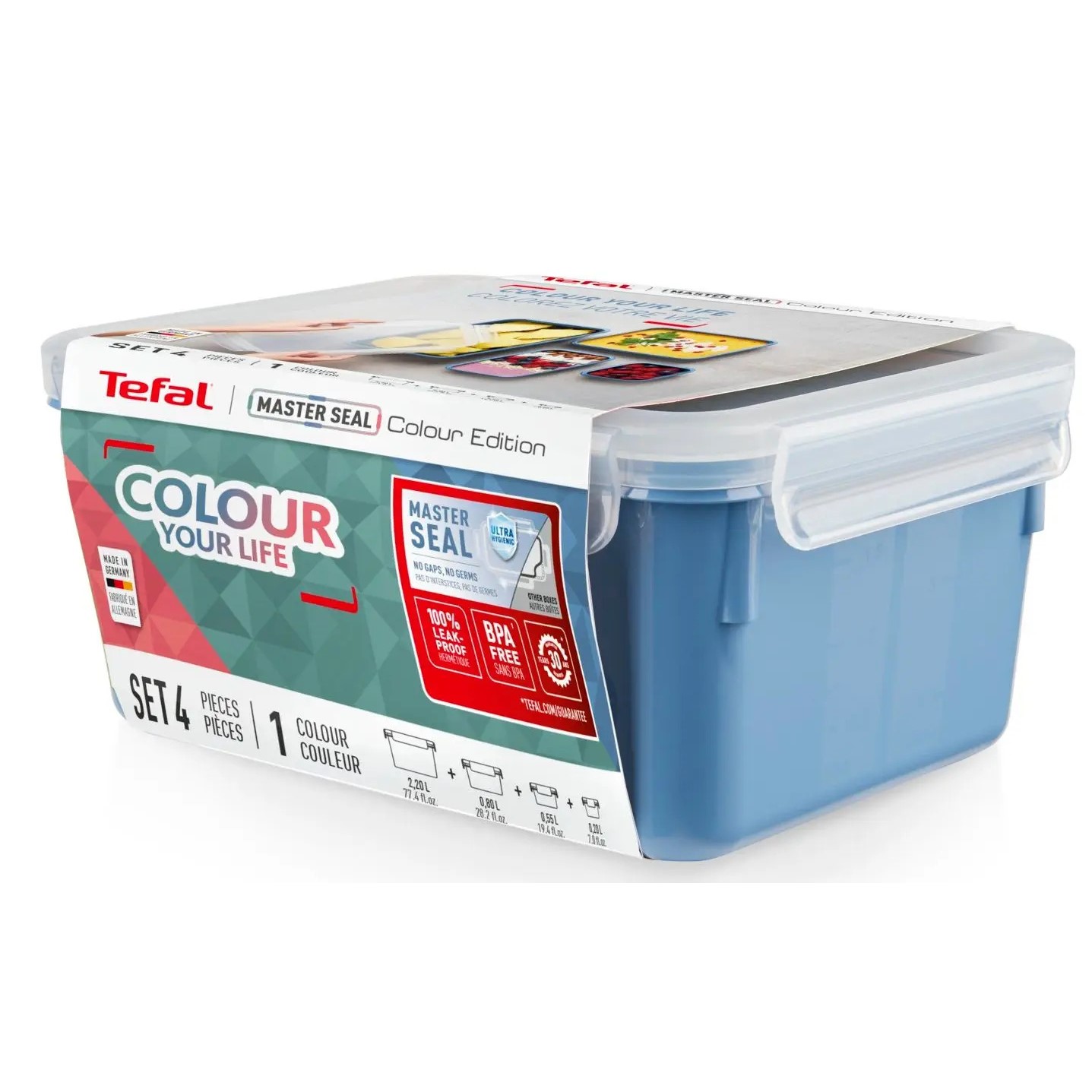 Voedselbewaardoos MASTER SEAL COLOUR EDITION N1030810 , set van 4 stuks, blauw, plastic, Tefal