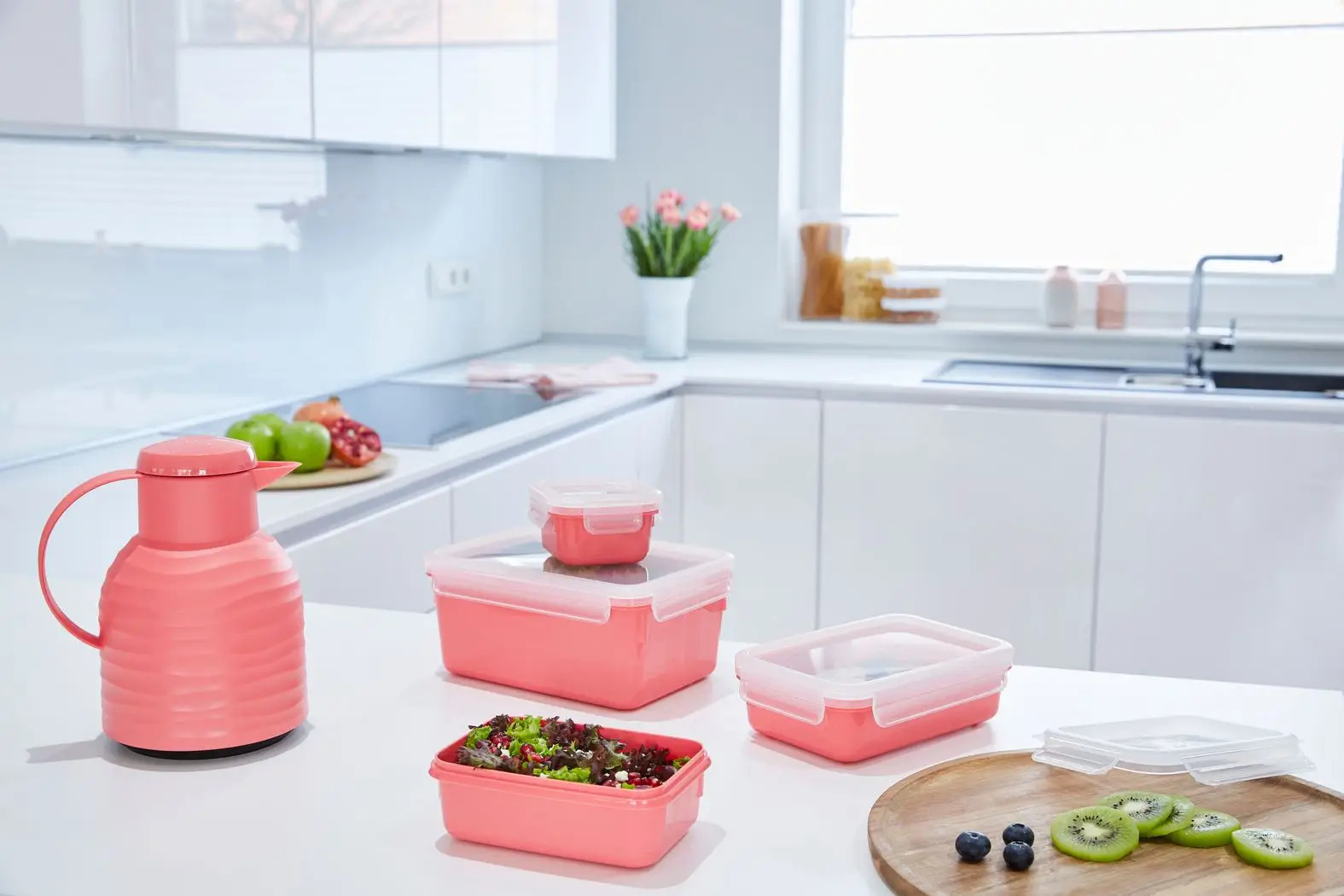 Voedselbewaardoos MASTER SEAL COLOUR EDITION N1030910 , set van 4 stuks, koraal rood, plastic, Tefal