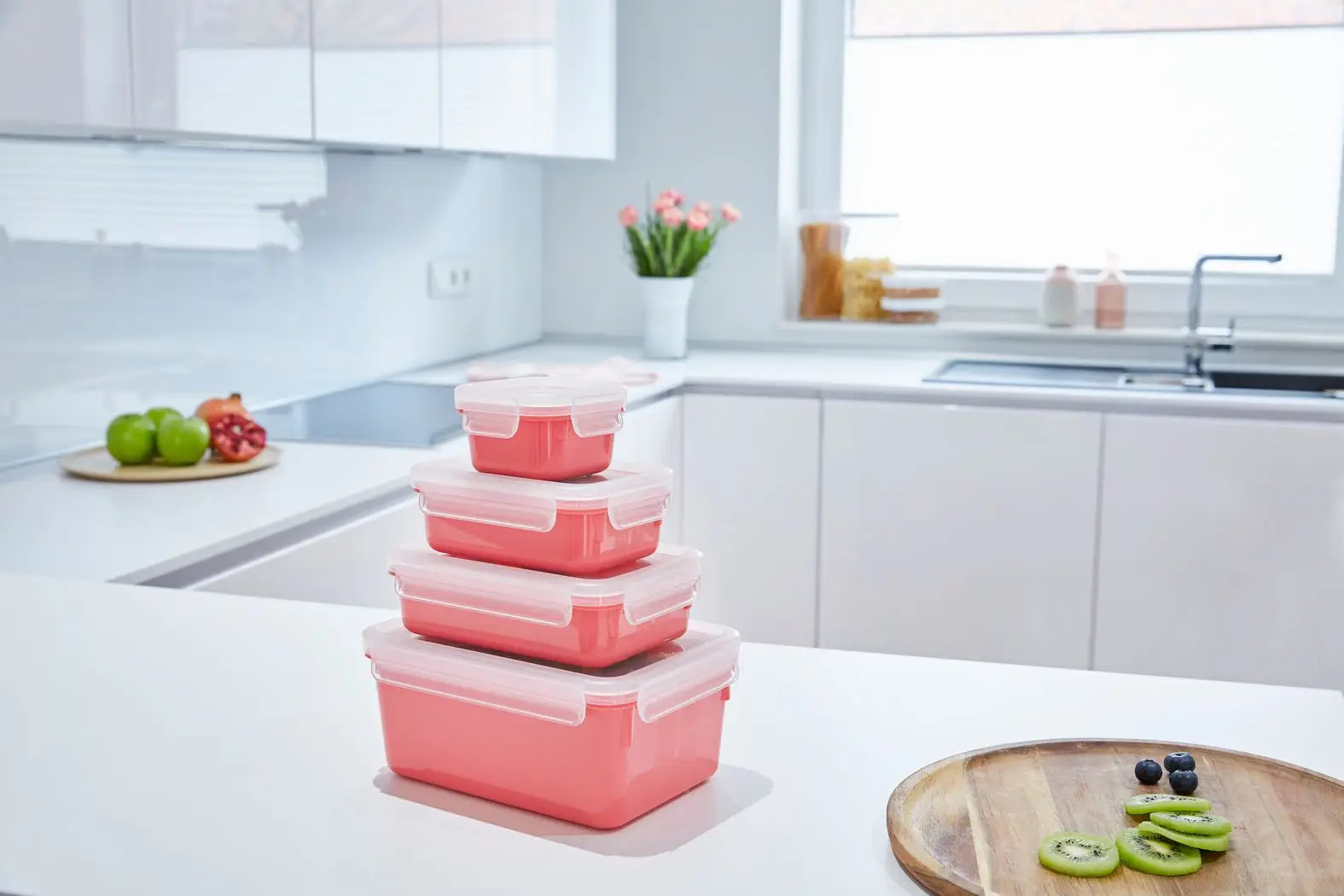 Voedselbewaardoos MASTER SEAL COLOUR EDITION N1030910 , set van 4 stuks, koraal rood, plastic, Tefal