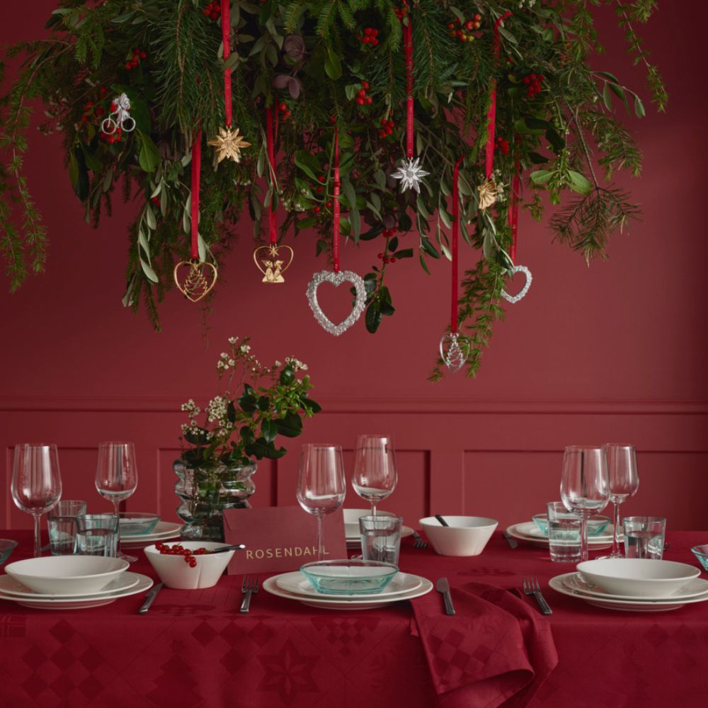 Kerst-tafelkleed NATALE 150 x 320 cm, jacquard geweven, rood, Rosendahl