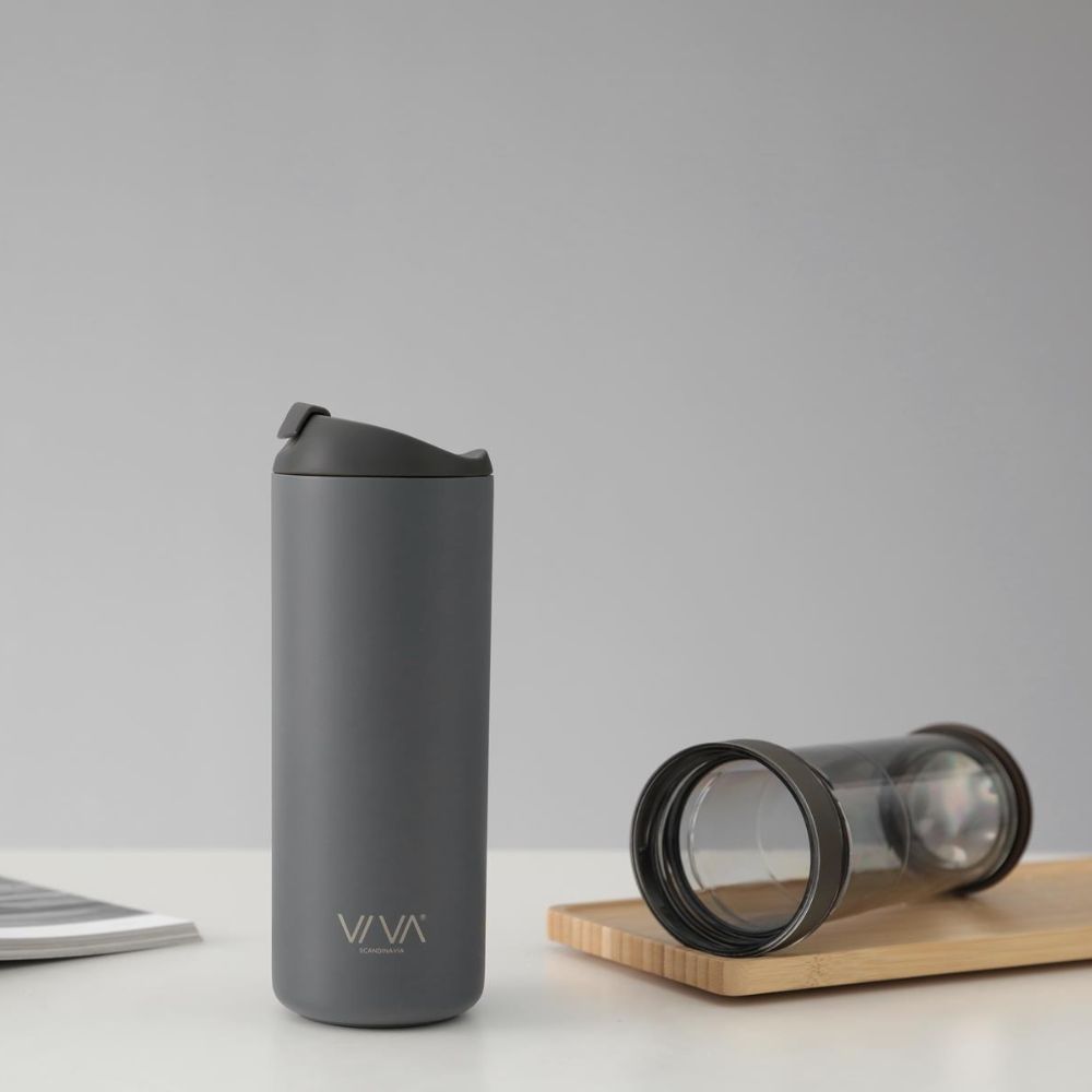Reisbeker RECHARGE ANYTIME 460 ml, met thee-infuser, grijs, Viva Scandinavia