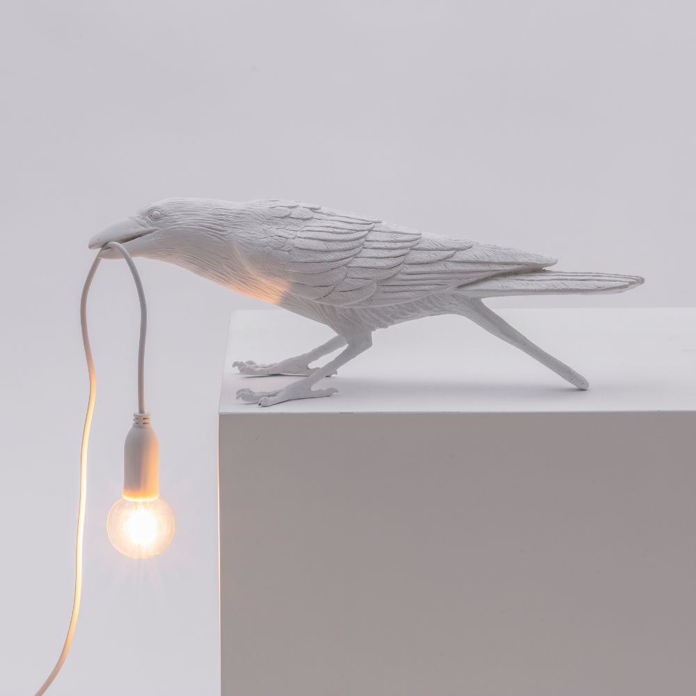 Tafellamp BIRD PLAYING, 33 cm, wit, Seletti