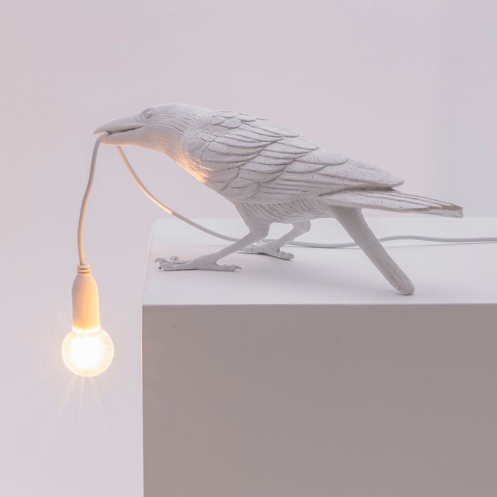Tafellamp BIRD PLAYING, 33 cm, wit, Seletti