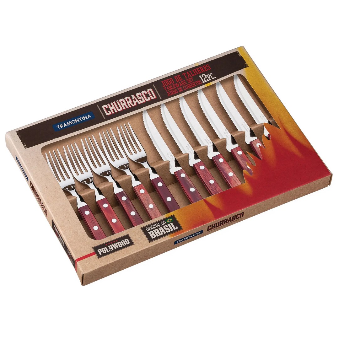 Steak bestekset CHURRASCO, 12-delig, rode houten handvaten, Tramontina