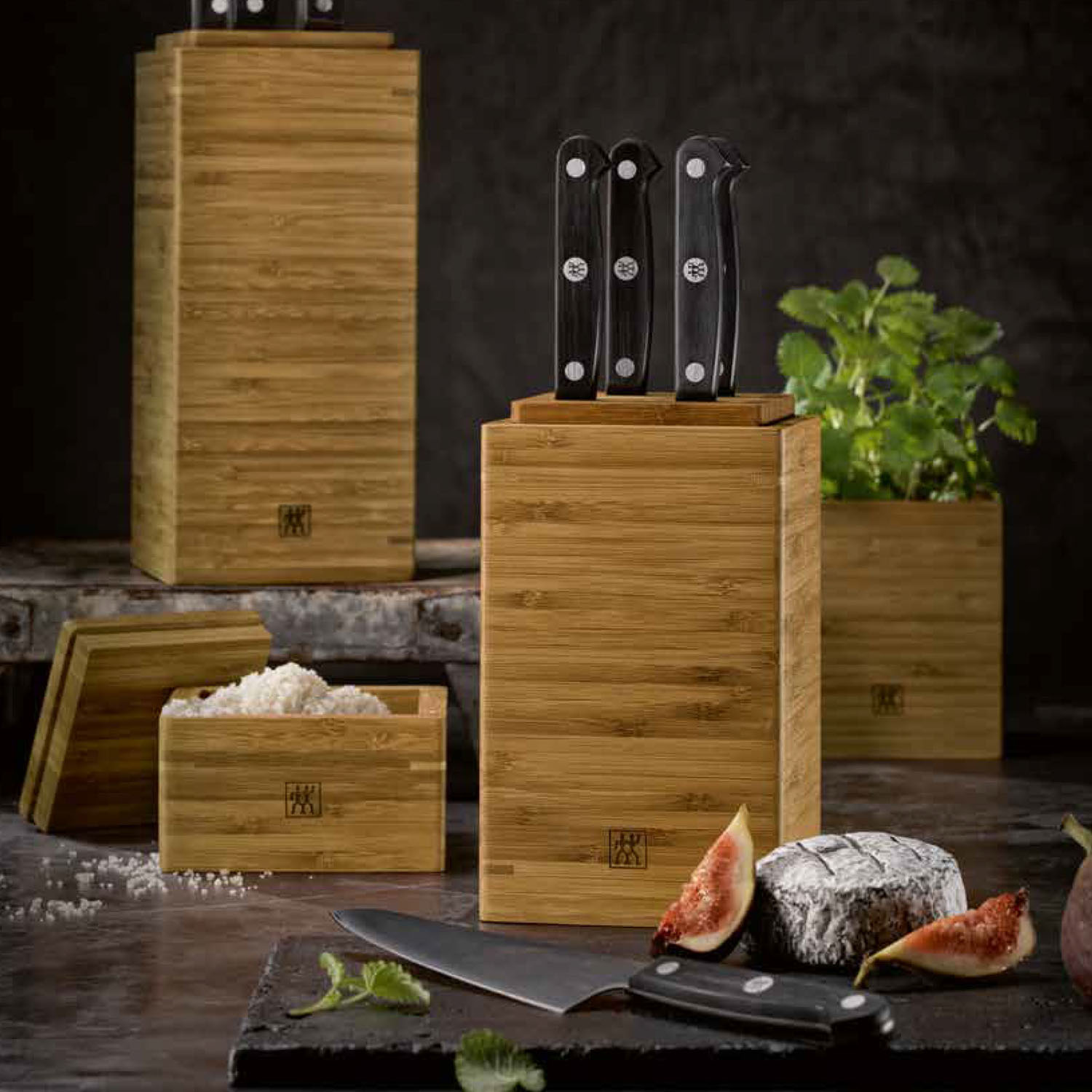 Keukenopbergdozen, 4 stuks, met 2 messenblokken, bamboe, Zwilling