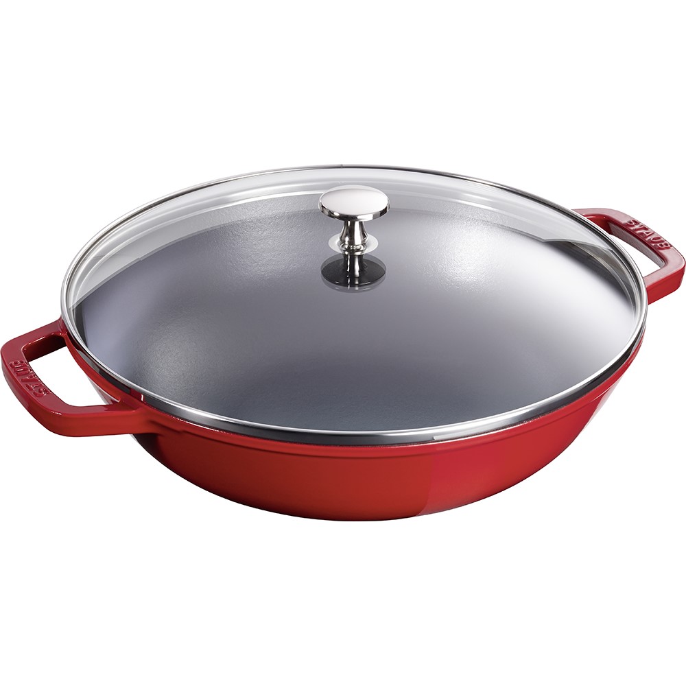 Wok 30 cm, met glazen deksel, kersenrood, gietijzer, Staub