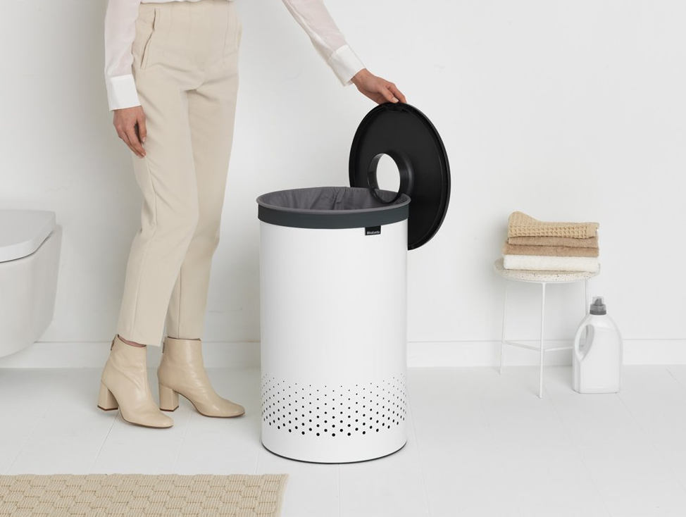 Wasmand 60 l, met kunststof deksel, wit, Brabantia