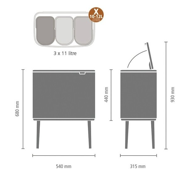 Touch prullenbak BO 3 x 11 l, mat staal, Brabantia