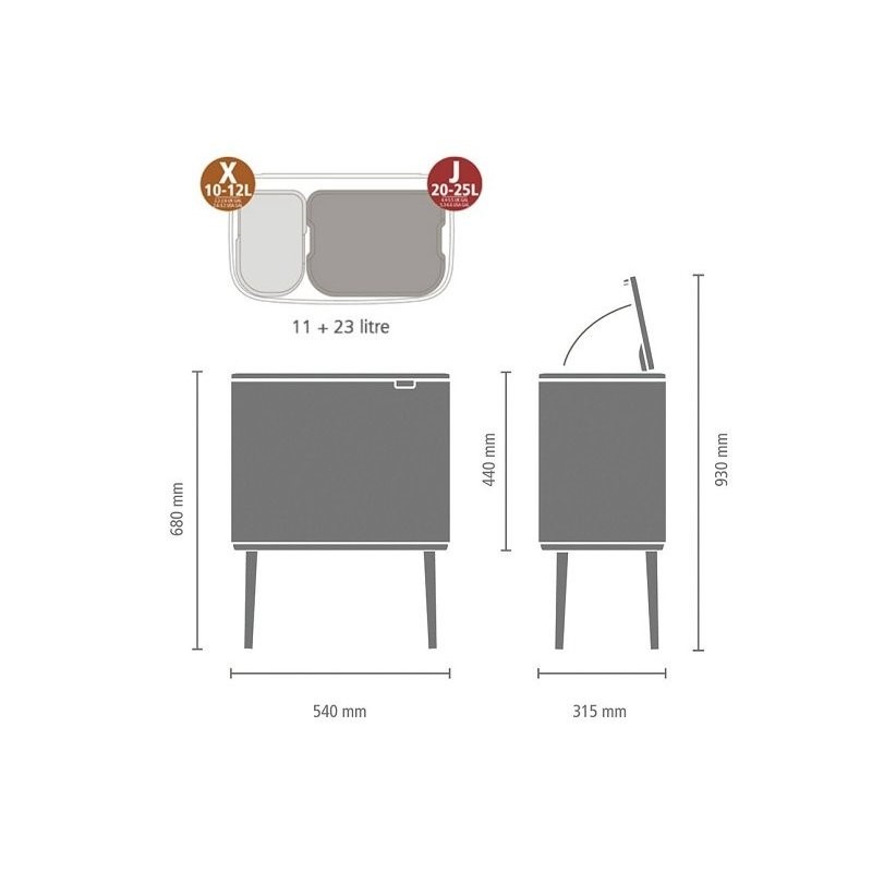 Touch prullenbak BO 11 + 23 l, platina, Brabantia