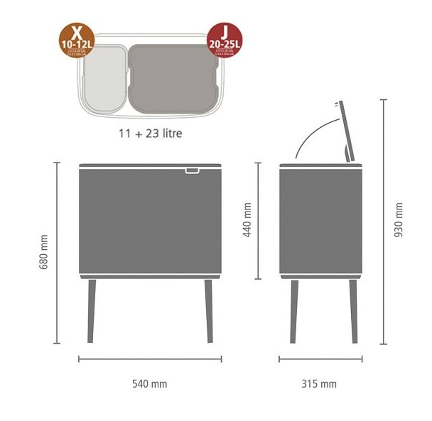 Touch prullenbak BO 11 + 23 l, mat staal, Brabantia