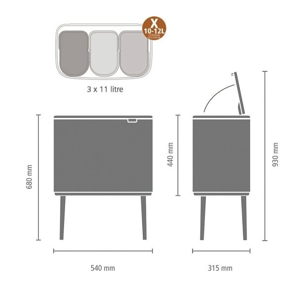 Touch prullenbak BO 3 x 11 l, mat zwart, Brabantia