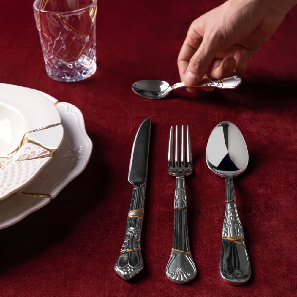 Bestekset KINTSUGI, 4-delig, zilver, roestvrij staal/goud, Seletti