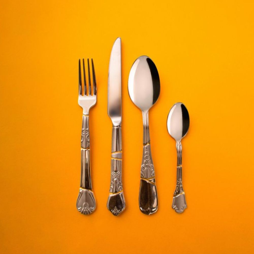 Bestekset KINTSUGI, 4-delig, zilver, roestvrij staal/goud, Seletti