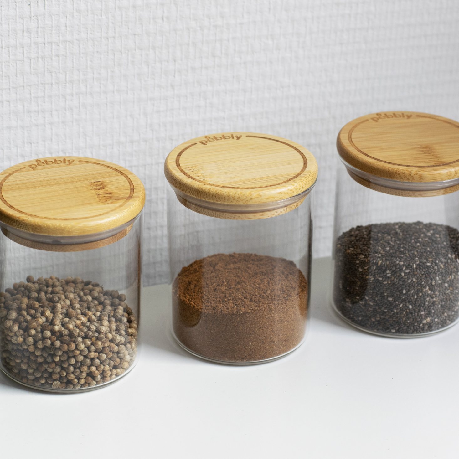 Vershoudpot PKV-014 180 ml, set van 3 stuks, glas / bamboe, Pebbly