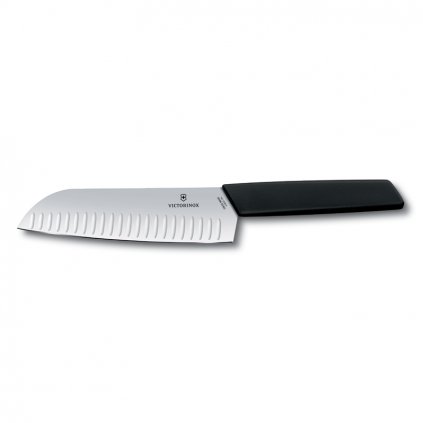 Нож Сантоку SWISS MODERN 17 см, с овални жлебове, черен, Victorinox