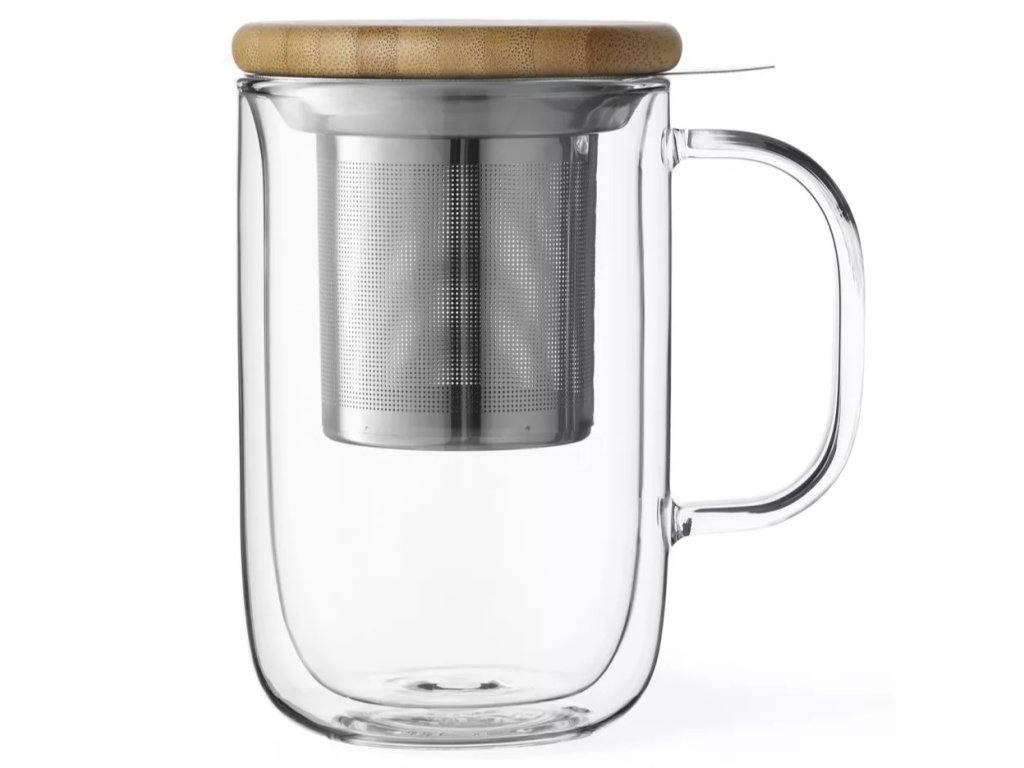 Double Walled Borosilicate Glass Filtering Tea Mug with mesh infuser
