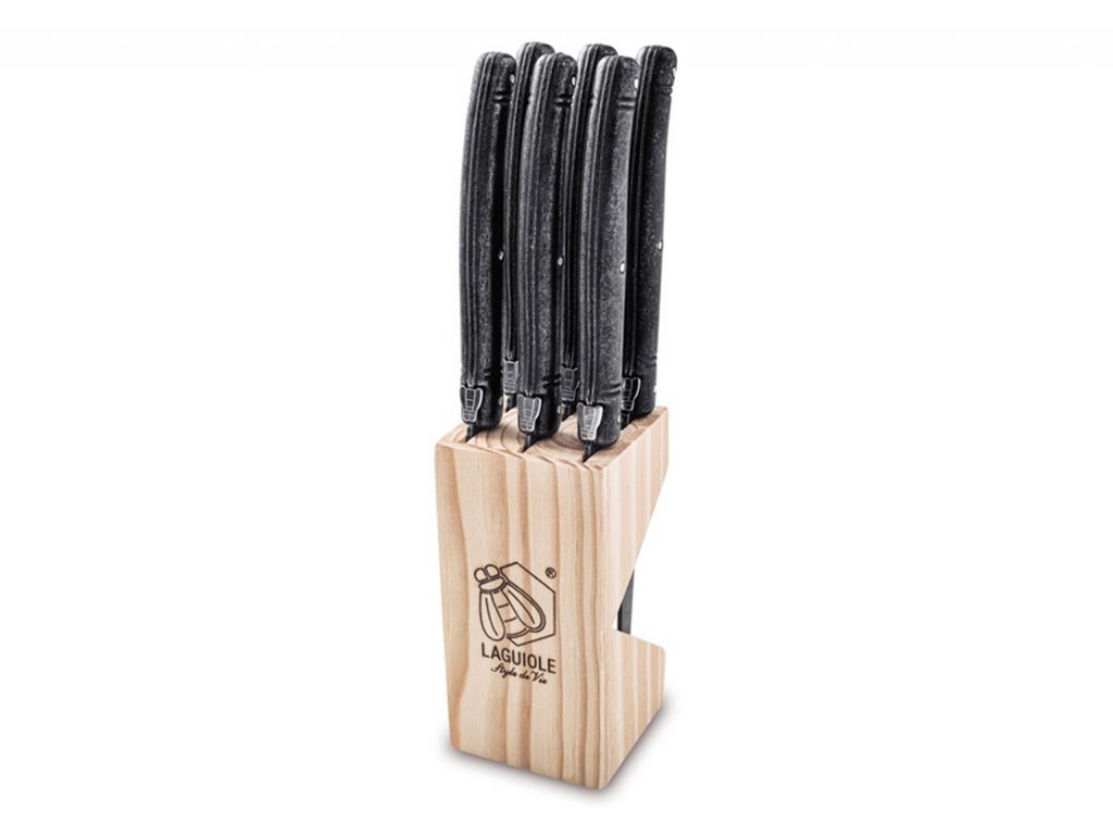 Steak knife set PREMIUM, 6 pcs, with block, black, Laguiole 