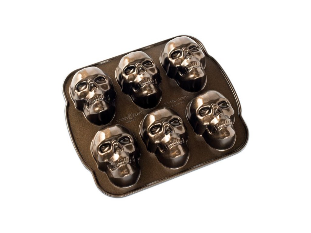 Cake pan HAUNTED SKULL, for 6 skull-shaped cakes, bronze, Nordic Ware 