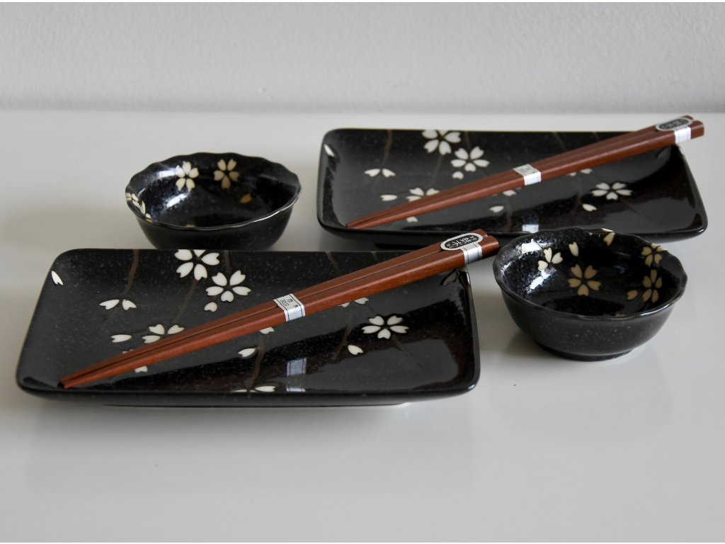 Sushi set with chopsticks BLACK WITH WHITE PETALS, 6 pcs, MIJ