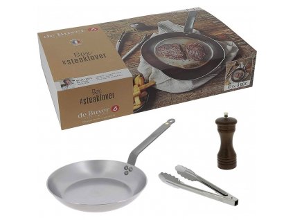 Steak pan MINERAL B 26 cm, with pepper mill and kitchen tongs, de Buyer