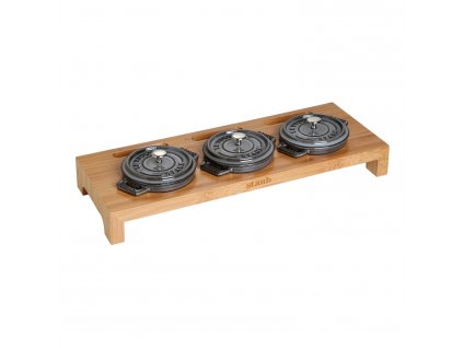 Serving stand for 3 cast iron mini pots, bamboo, Staub