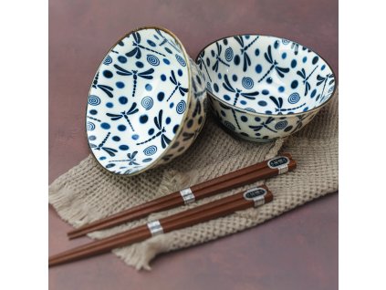 Dining bowl BLUE DRAGONFLY, set of 2 pcs, 500 ml, with chopsticks, MIJ