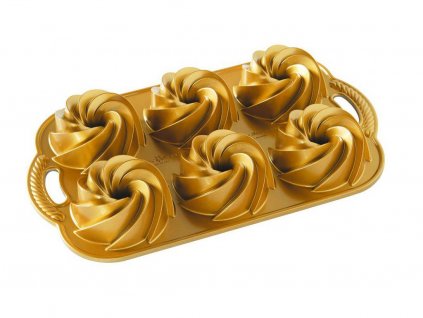 Cake pan GEO BUNDLETTE BUNDT, for 6 minibundt cakes, gold, Nordic Ware