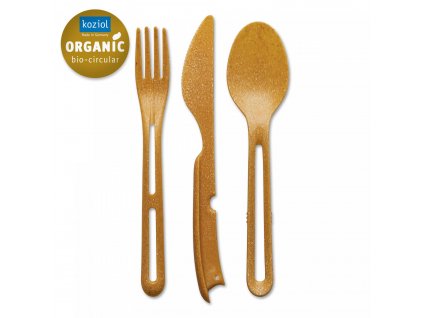 Travel cutlery set KLIKK, set of 3 pcs, natural wood colour, Koziol