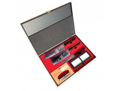 Japanese knife set JOSHI SAKURA, 4 pcs, with sharpening stone, gift box, Dellinger