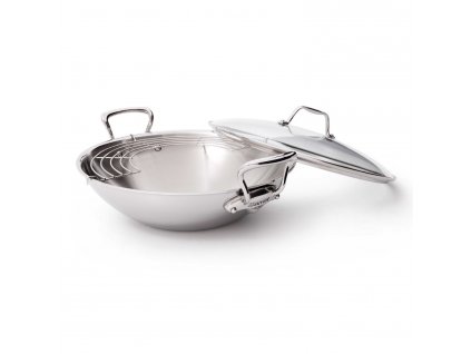 Wok 32 cm, stainless steel handles, glass lid, Mauviel